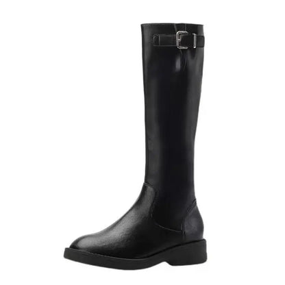 Women’s Mid-Calf Winter Boots – Elegant British Style Patent Leather Low Square Heel Footwear