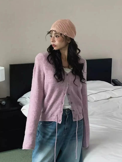 V-Neck Drawstring Knit Cardigan for Women – Slimming Autumn Outerwear
