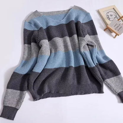 Chic Striped Knit Pullover Oversized Casual Streetwear For Autumn Winter
