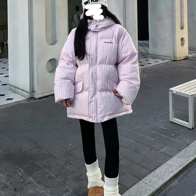 Striped Hooded Quilted Winter Coat for Women – Warm Cotton Padded Parka 2026