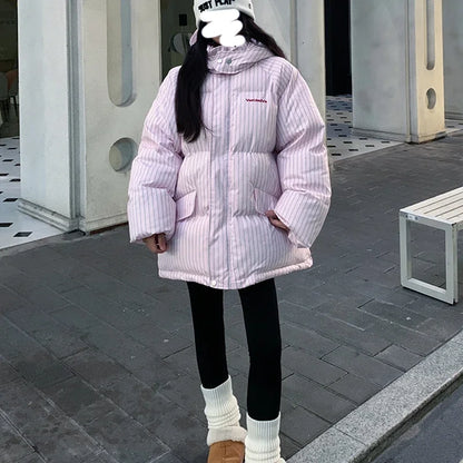 Striped Hooded Quilted Winter Coat for Women – Warm Cotton Padded Parka 2026