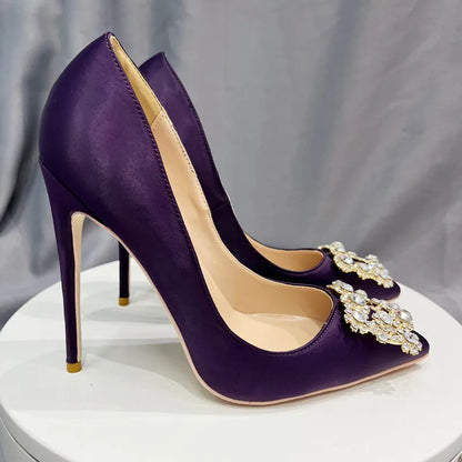 Square Glitter Decor Purple Satin Pointy Toe High Heel Women Shoes