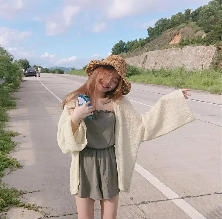 Korean Cropped Knit Cardigan – Hollow Summer Sweater for Women