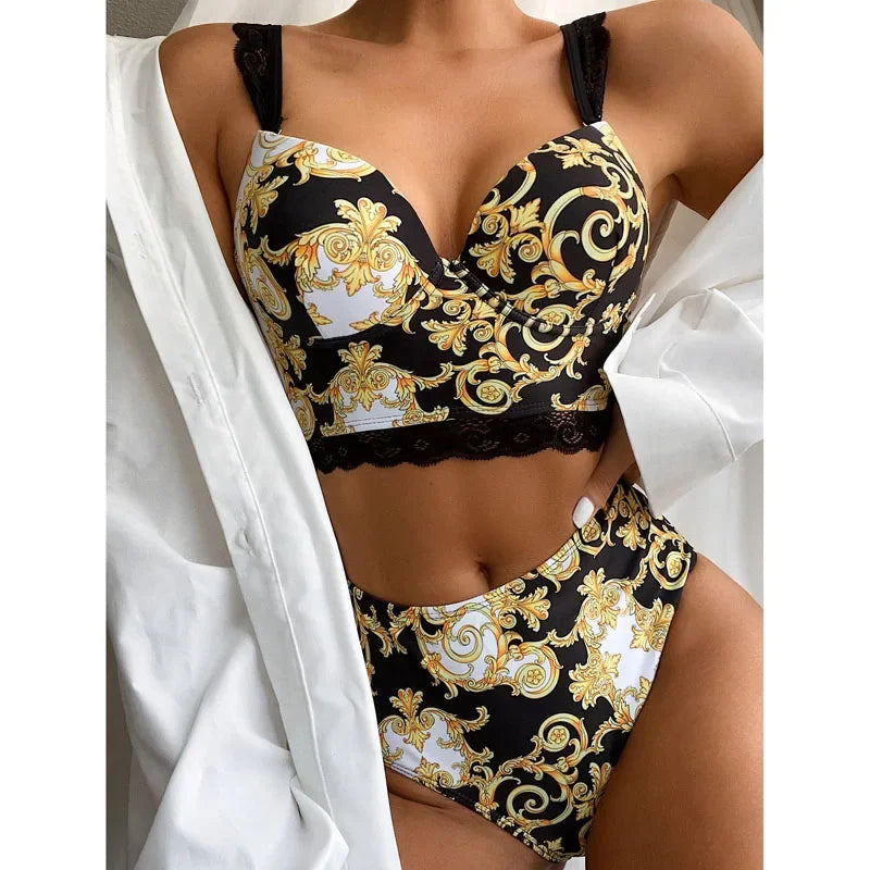 Gold Baroque Print Lace Trim Luxury Bikini Aesthetic