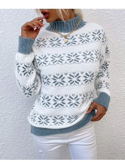 Women's Fashion Christmas Turtleneck Sweater – Snowflake Pattern Holiday Top