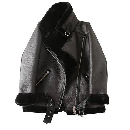 Luxury Fur Collar Black Leather Jackets