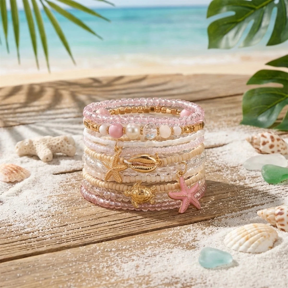 Maldives Luxury Resort Vibes - Elegant Pearl & Shell Beach Bracelet Stack