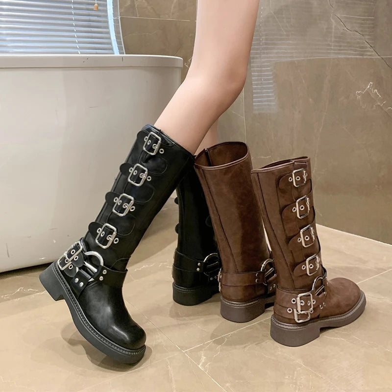 Women’s Knee-High Platform Motorcycle Boots – Low Square Heel Punk Gothic Rock Leather Shoes
