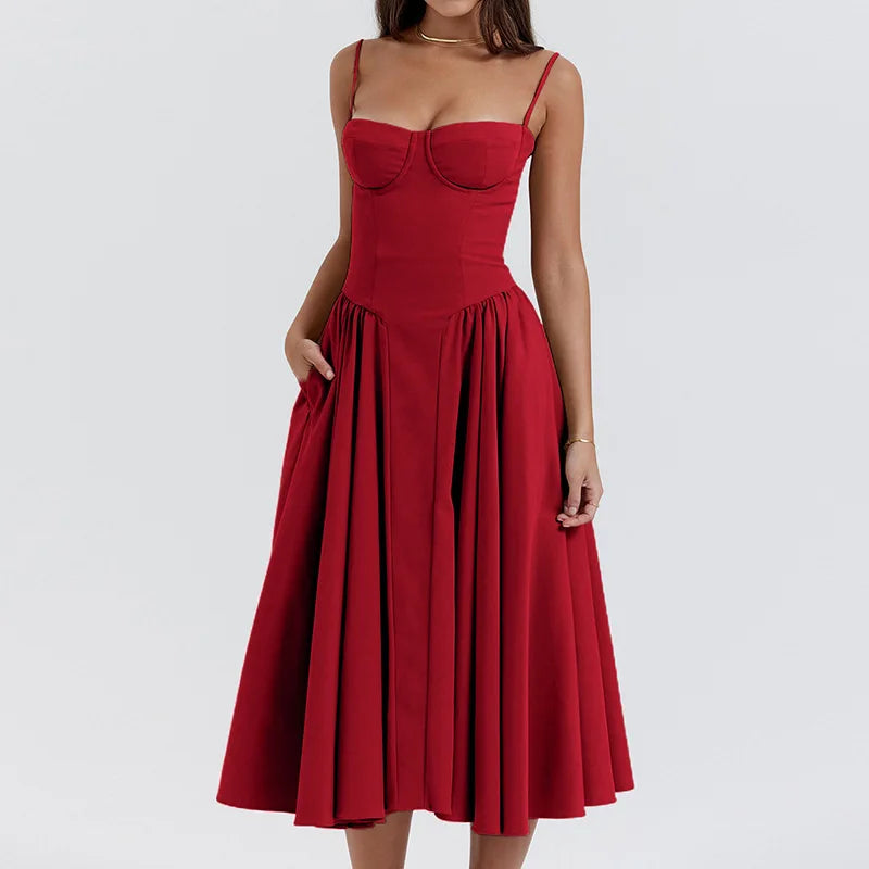 Old Money Aesthetic - Elegant Neutral Corset Midi Dress