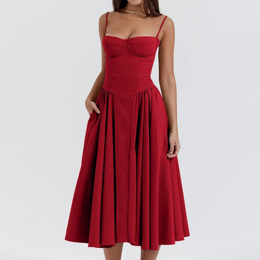 Old Money Aesthetic - Elegant Neutral Corset Midi Dress