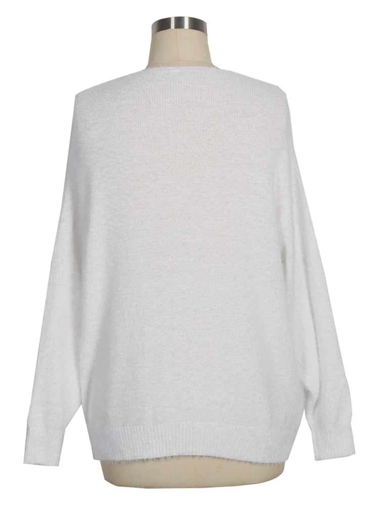 Cozy White Star Print Fuzzy Sweater Aesthetic