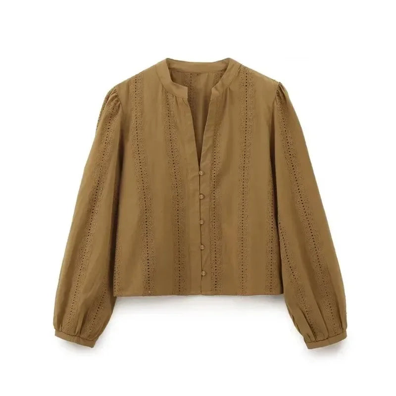 Embroidered V Neck Blouse Modern Fitted Shirt For Women
