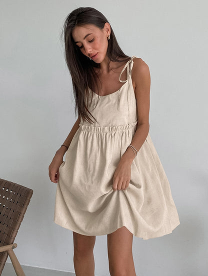 Holiday Comfort Style Khaki Linen Spaghetti Strap Dress