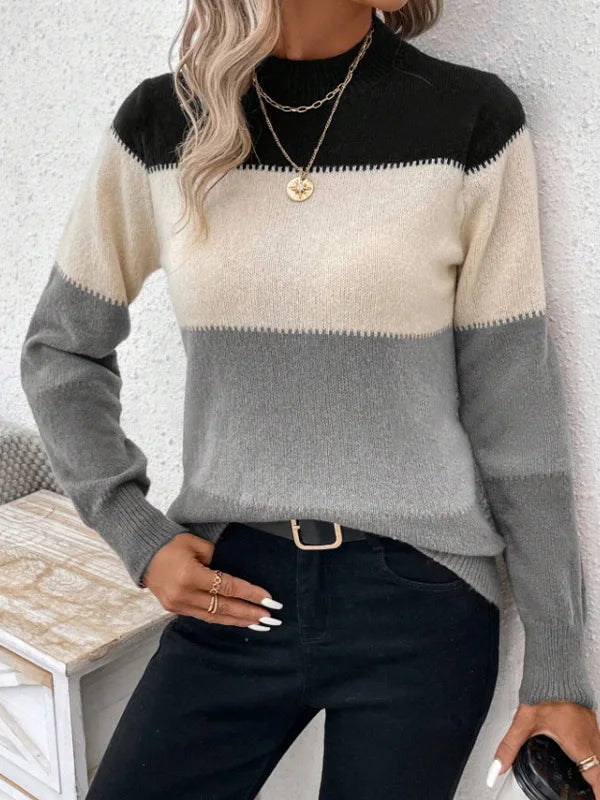 Cozy Chic: Neutral Colorblock Mock Neck Sweater