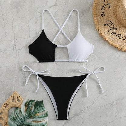 Elegant Black Lace-Up Ribbon Detail Bikini Aesthetic