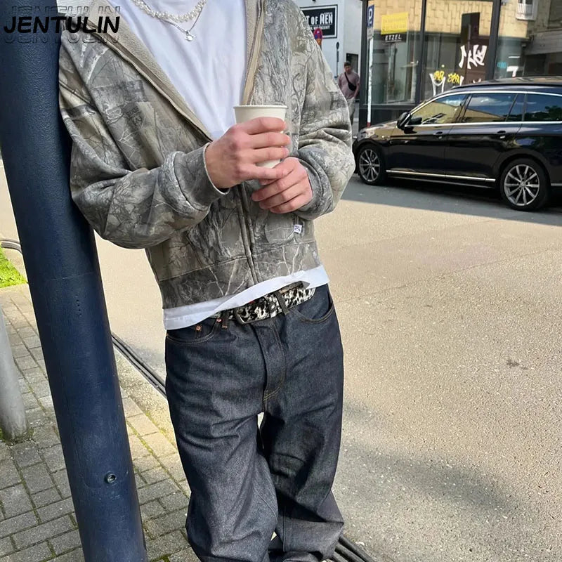 Green Motorcycle Punk Hoodie For Men Camo Streetwear Hip Hop Sweatshirt