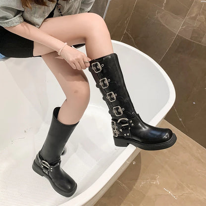 Women’s Knee-High Platform Motorcycle Boots – Low Square Heel Punk Gothic Rock Leather Shoes