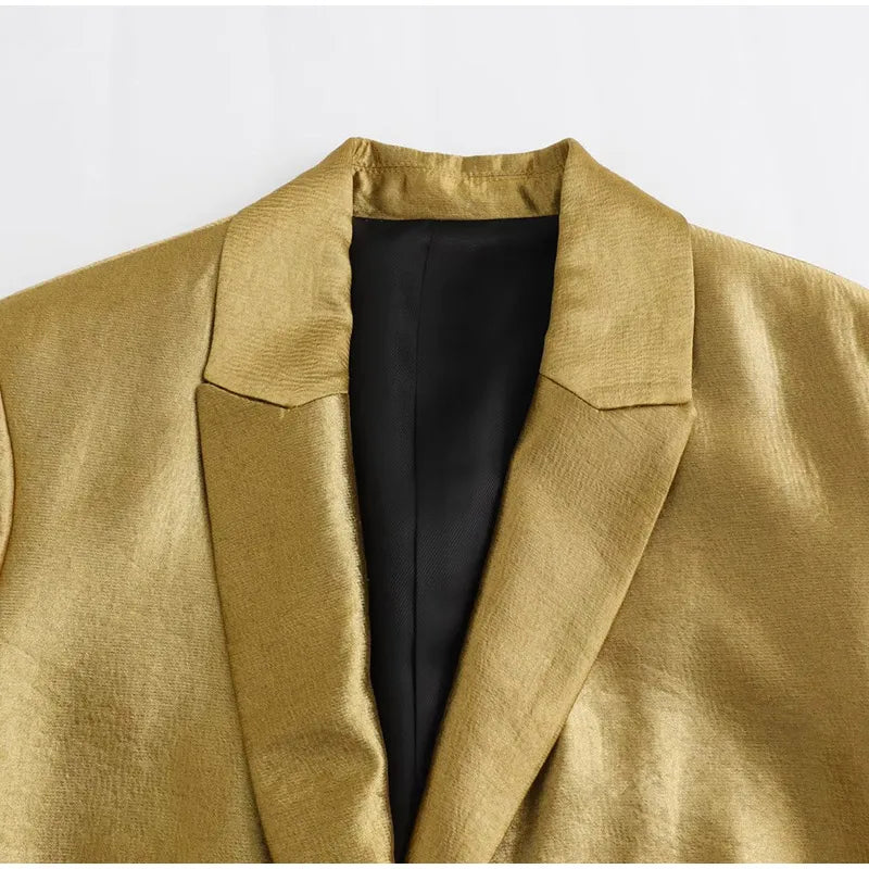 Gold V-Neck Blazer: Stylish Autumn Jacket for Women's 2024 Fashion