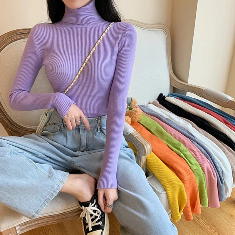 2025 Autumn Winter Women S Thick Ribbed Knitted Turtleneck Sweater Slim Fit Long Sleeve Pullover Soft Warm