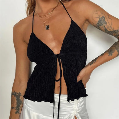 Y2k Tie Up Square Neck Sleeveless Crop Top Lace Trim Milkmaid Shirt Cute Coquette Summer Fashion