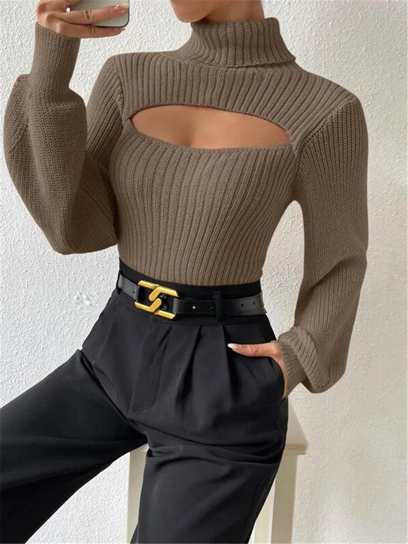 Hollow Out Turtleneck Sweater – Women’s Loose Boho Knit