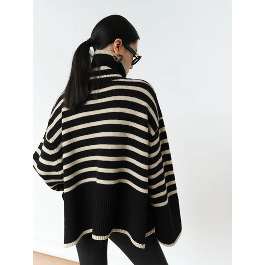 Loose Fit Striped Turtleneck Winter Sweater For Women
