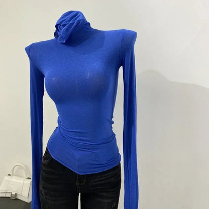 Thin Soft American Long Sleeve T Shirt For Women High Stacked Neck Tight Perspective Slim Fit Sexy Streetwear Top