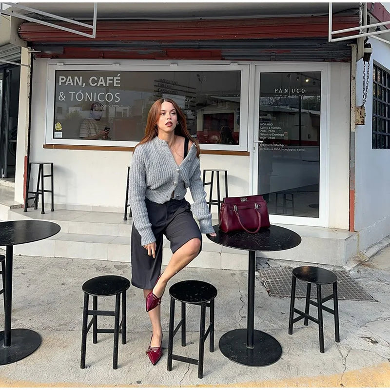Elegant Gray Knit Cardigan for Women – 2025 Autumn Streetwear