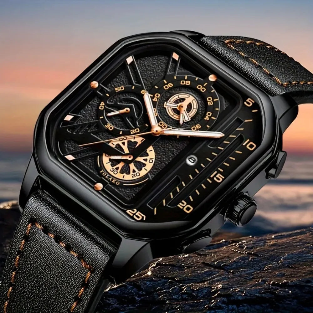 Mens Mechanical Dial Square Case Leather Band Casual Watches