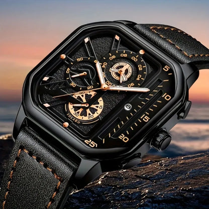 Mens Mechanical Dial Square Case Leather Band Casual Watches