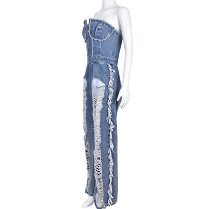 Full Ripped Style Hollow Out Strapless Backless Jean Jumpsuit