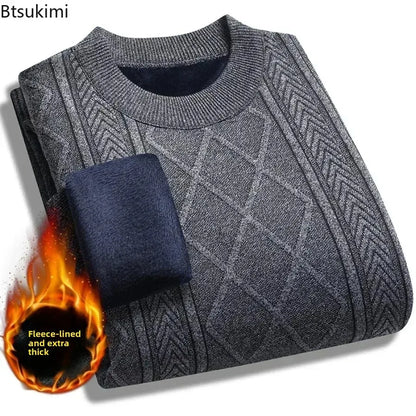 2025 Mens Casual Warm Sweater Solid Plush Knitted Pullover Autumn Winter Thickened Versatile Top