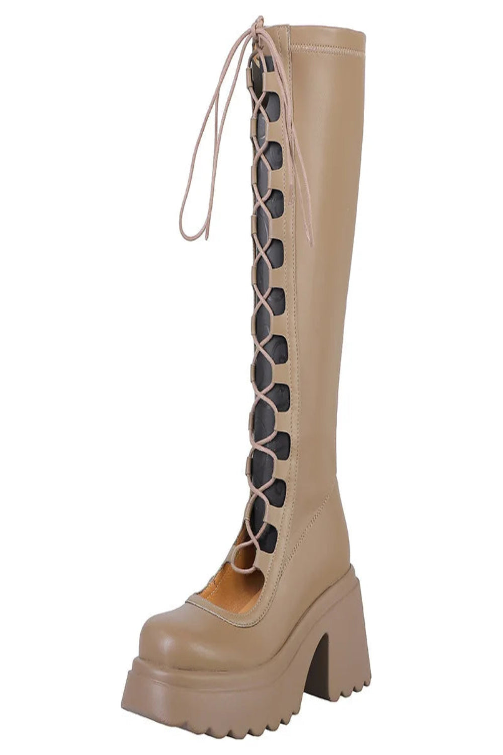 Beige knee-high boot with lace-up design on a white background