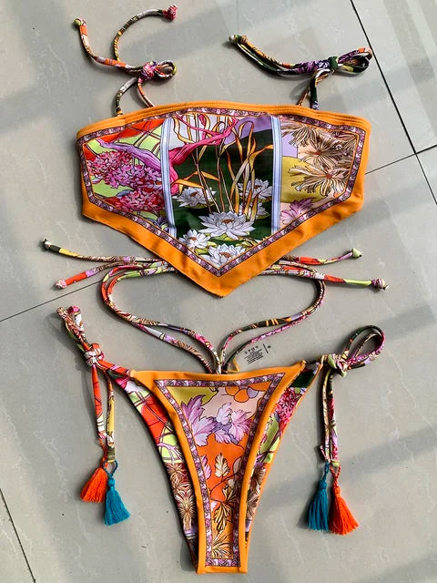 Botanic Themed Floral Two Pieces High Cut Bikini