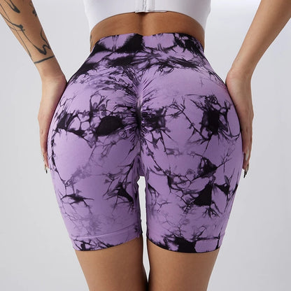 Womens Seamless Tie Dye Push Up Yoga Fitness Shorts