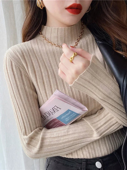 2025 High Neck Ribbed Knitted Sweater Women S Autumn Winter Slim Fit Long Sleeve Pullover Basic Casual Tops