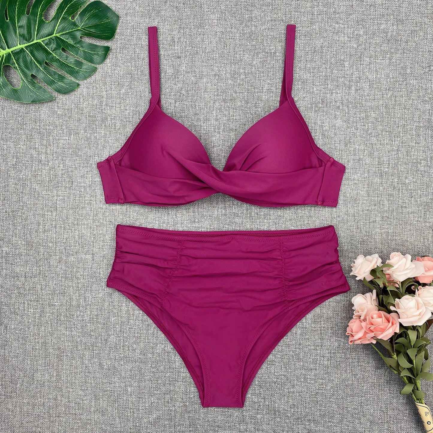 Spaghetti Strap High Waist Bikini Set For Women Padded Pleated Swimsuit Solid Color