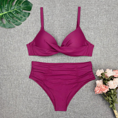 Spaghetti Strap High Waist Bikini Set For Women Padded Pleated Swimsuit Solid Color