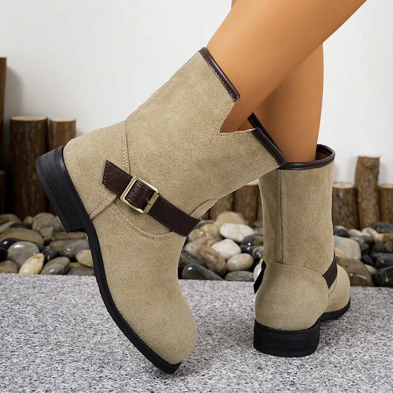 Designer British Style Square Low Heel Faux Suede Boots For Women