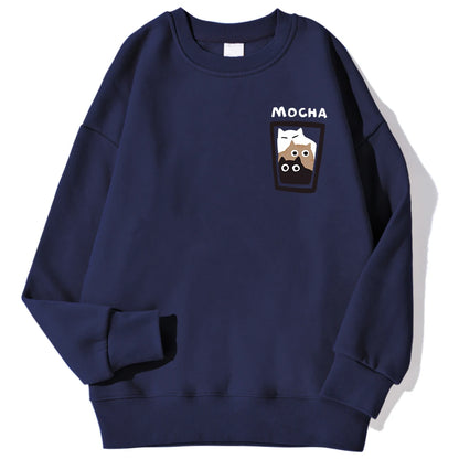 Mocha Cat Cup Printed Crew Neck Sweatshirts