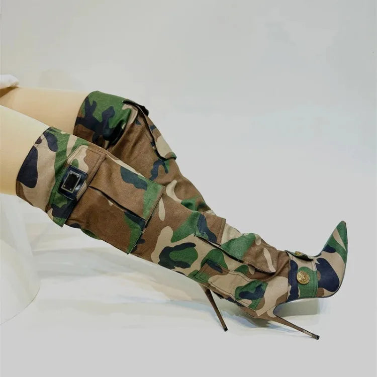 Designer Camouflage Themed Knee Length High Heel Boots