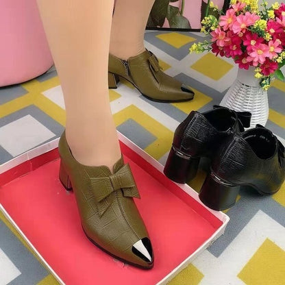 Short PU Leather Mid Heel Black Women Ankle Boots