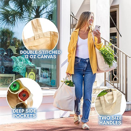 Heavy Duty Canvas Grocery Bag Foldable Washable Shopping Tote With Real Pockets