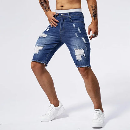 Men Stretch Light Blue Ripped Denim Shorts