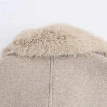 Elegant Double-Breasted Faux Fur Belted Coat – Retro Winter Overcoat for Women