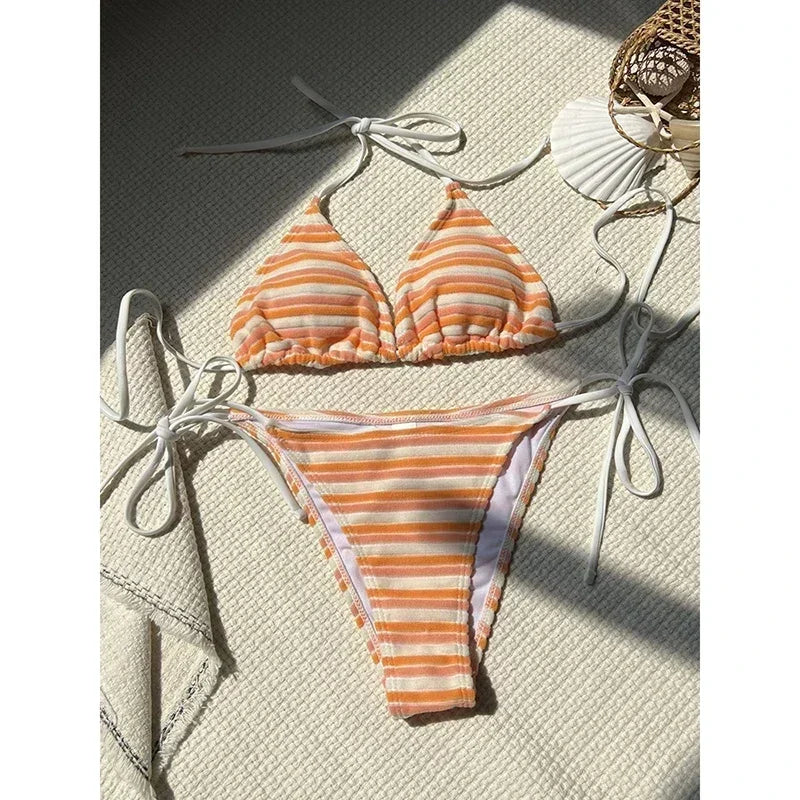 Summer Print Swimsuits Tankini Sets Fashion Split Colored Bikini Striped Swimming Suit Open Back Swimsuit