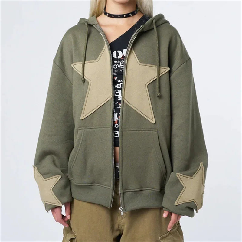 Y2k Star Patch Zip Up Hoodie Oversized Gothic Streetwear Sweatshirt For Women