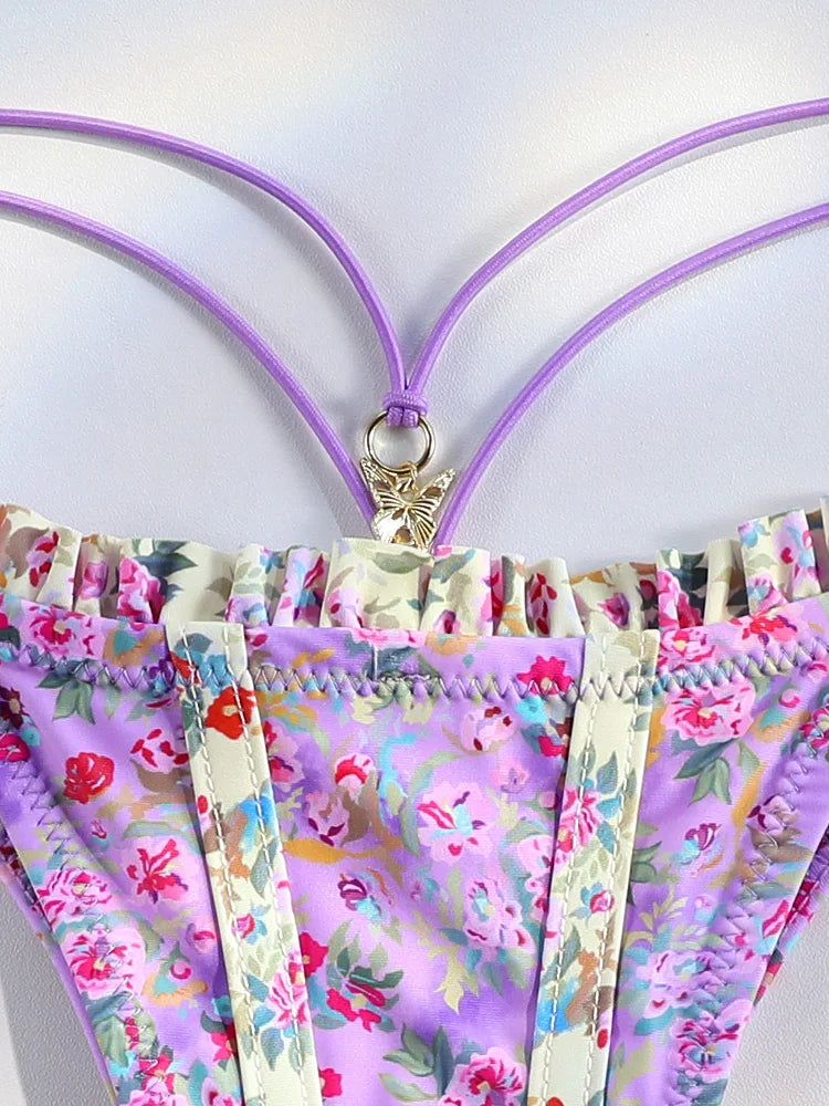 Purple Floral Ruffle Bikini with Butterfly Charm Aesthetic