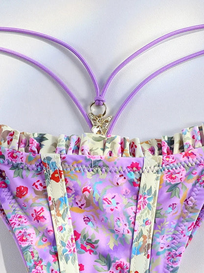 Purple Floral Ruffle Bikini with Butterfly Charm Aesthetic