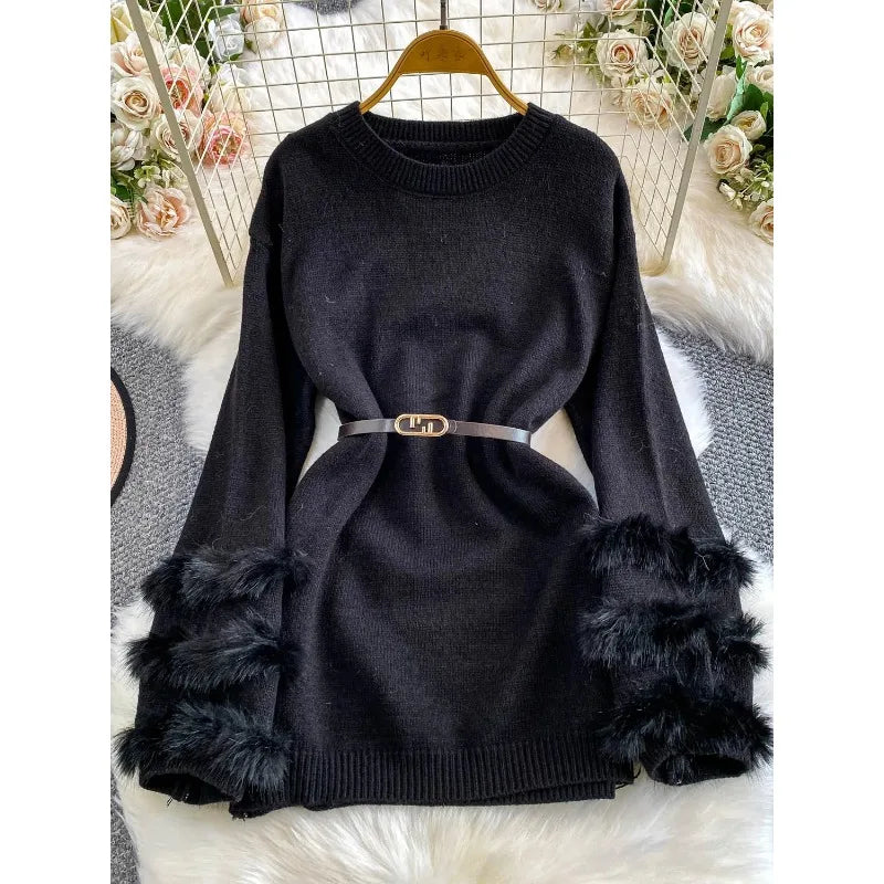 Women Chic Fluffy Fur Sleeve Sweaters